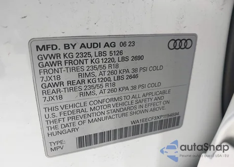 2023 Audi Q3 Premium Plus 45 Tfsi S Line Quattro Tiptronic z USA, uszkodzony, nr VIN WA1EECF3XP1154594